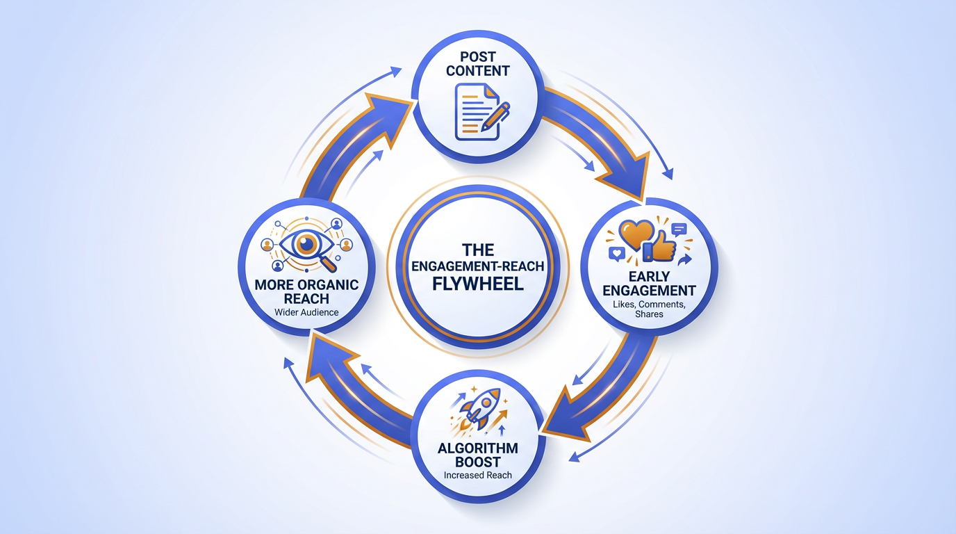 The Engagement-Reach Flywheel — how early engagement triggers algorithmic distribution