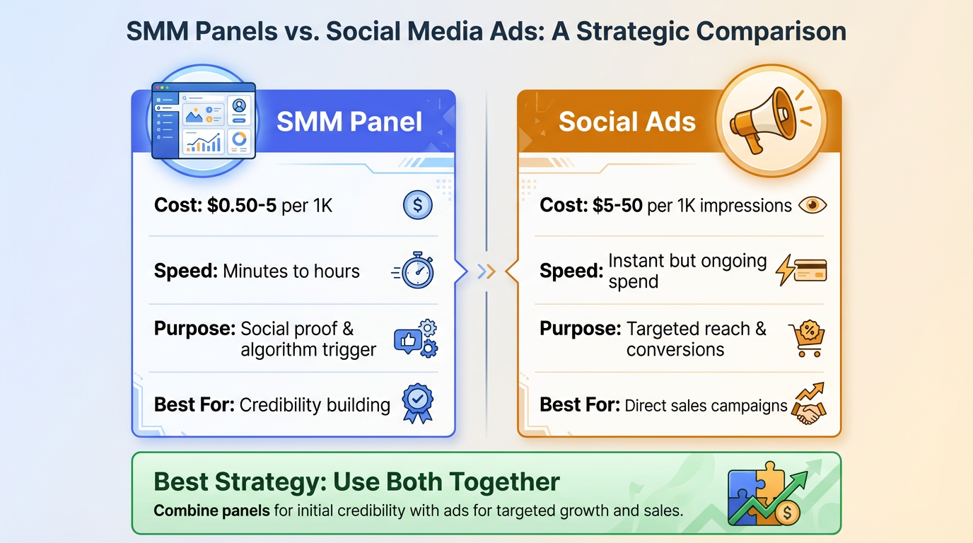 SMM Panels vs. Social Media Ads — a strategic comparison of cost, speed, purpose, and best use cases