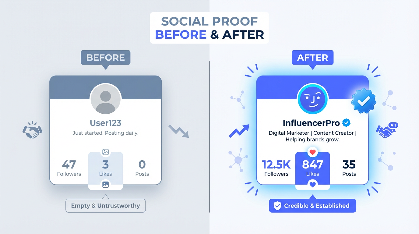 Social Proof Before & After — the dramatic impact of follower counts and engagement on perceived credibility